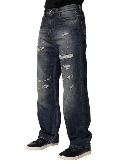 Blue Washed Tattered Cotton Men Jeans