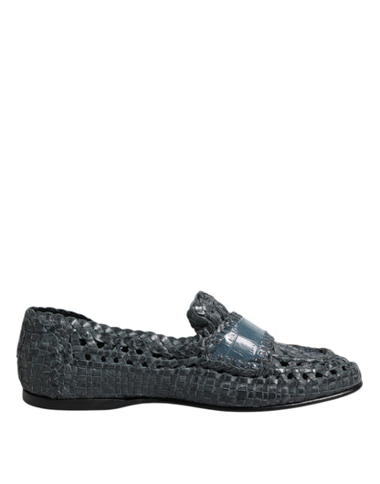 Blue Woven Leather Slip On Loafers Shoes