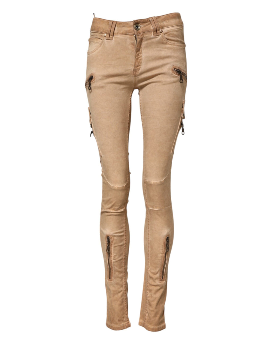 Brown Cotton Mid Waist Skinny Denim Jeans