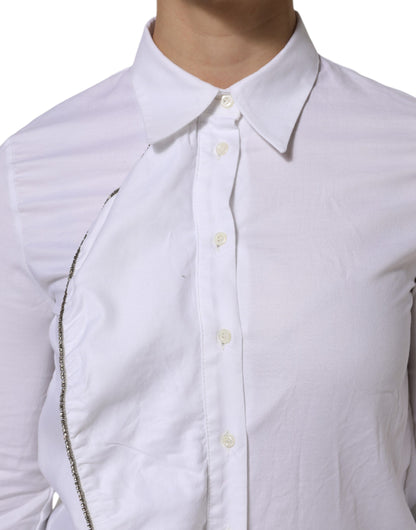 White Cotton Collared Long Sleeves Ruffle Top Shirt