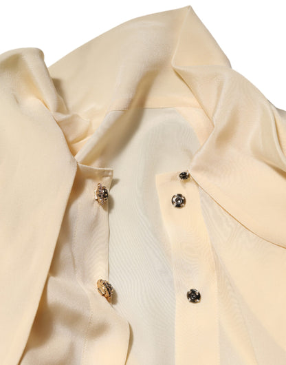 Light Yellow Silk Ascot Collared Blouse Top