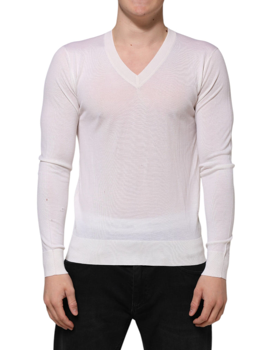 White Cashmere Logo V-neck Pullover Sweater