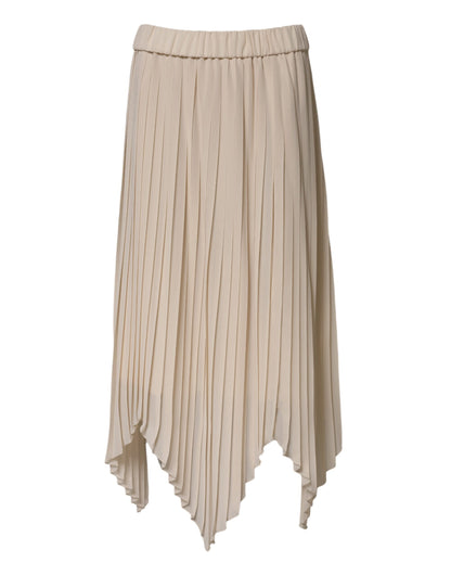 Beige Polyester Pleated A-line High Waist Midi Skirt