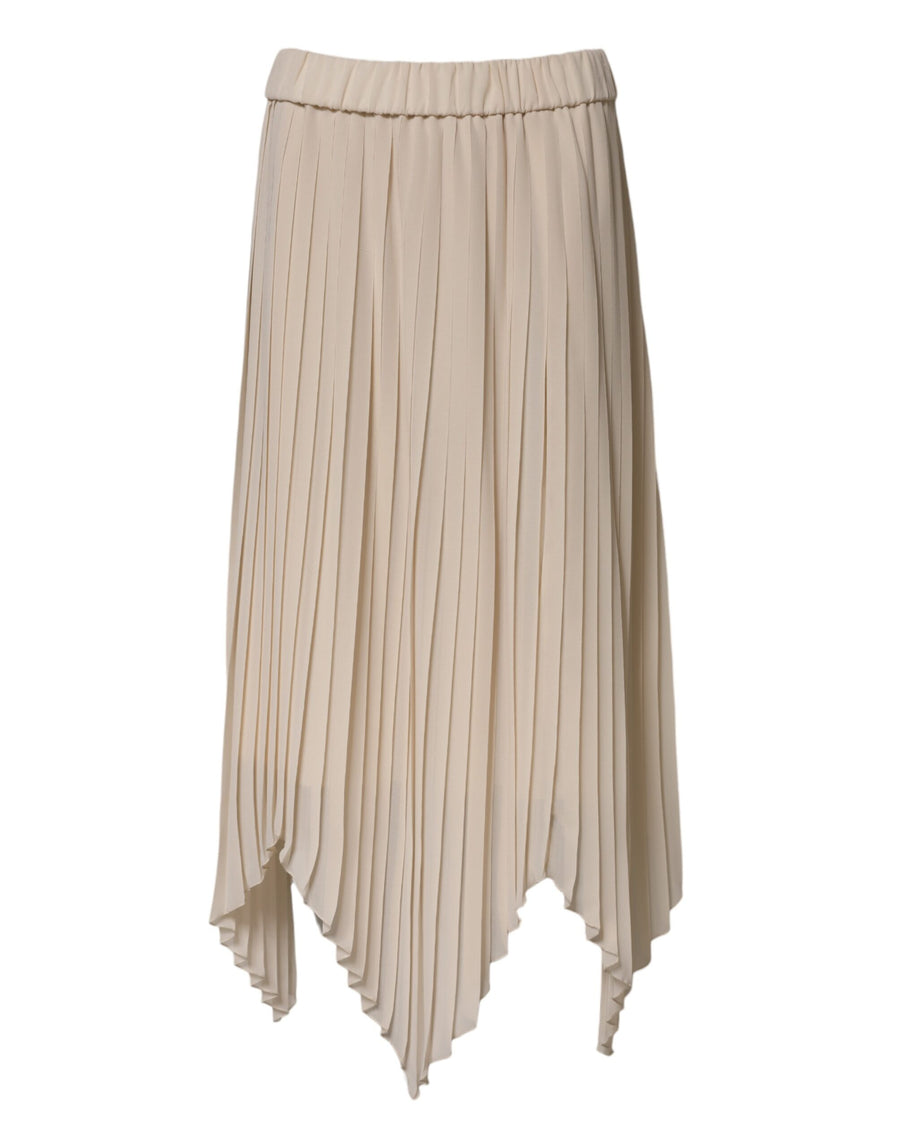 Beige Polyester Pleated A-line High Waist Midi Skirt