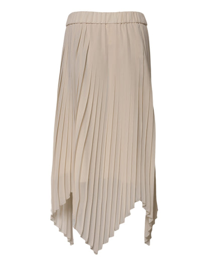 Beige Polyester Pleated A-line High Waist Midi Skirt