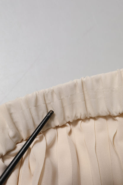 Beige Polyester Pleated A-line High Waist Midi Skirt