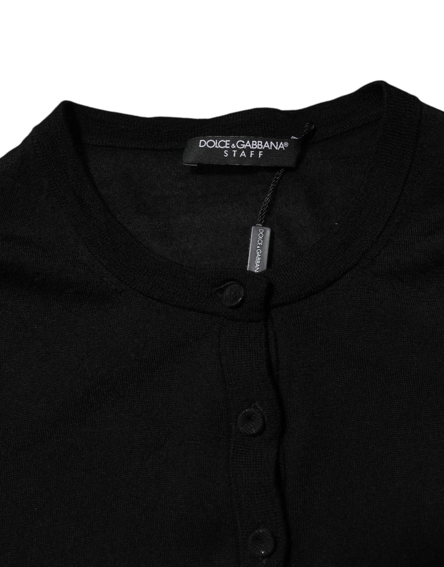 Black Wool Knit Crew Neck Cardigan Sweater