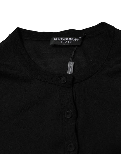 Black Wool Knit Crew Neck Cardigan Sweater