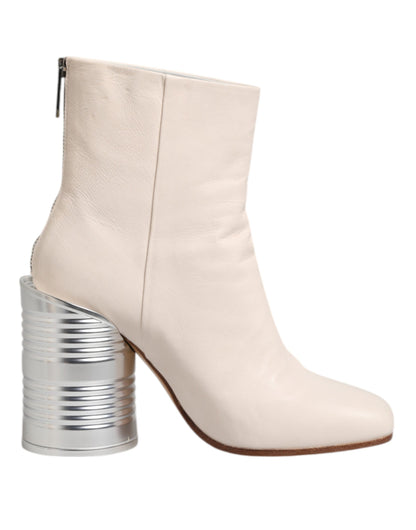 White Calf Leather Can Heel Boots Shoes