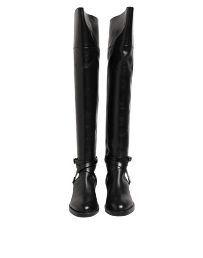 Black Leather Buckled High Boots Shoes