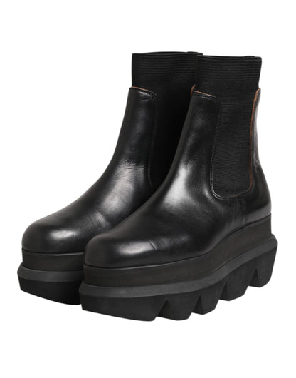 Black Chelsea Leather Pull On Women Ankle Boots Shoes