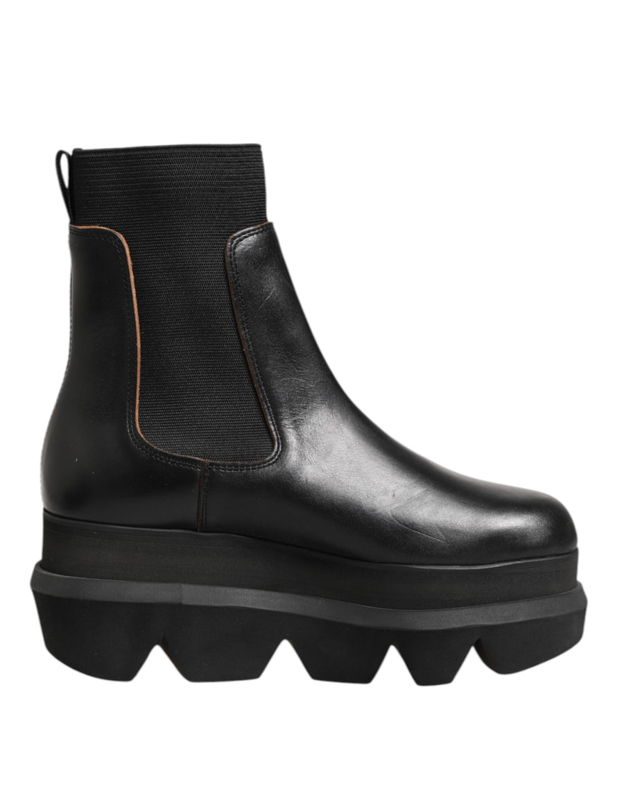 Black Chelsea Leather Pull On Women Ankle Boots Shoes