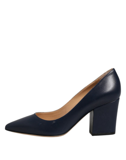 Blue Leather Pointed Toe Block Heels Shoes