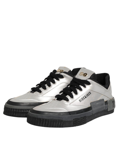 Silver Leather Lace Up Low Top Sneakers Shoes