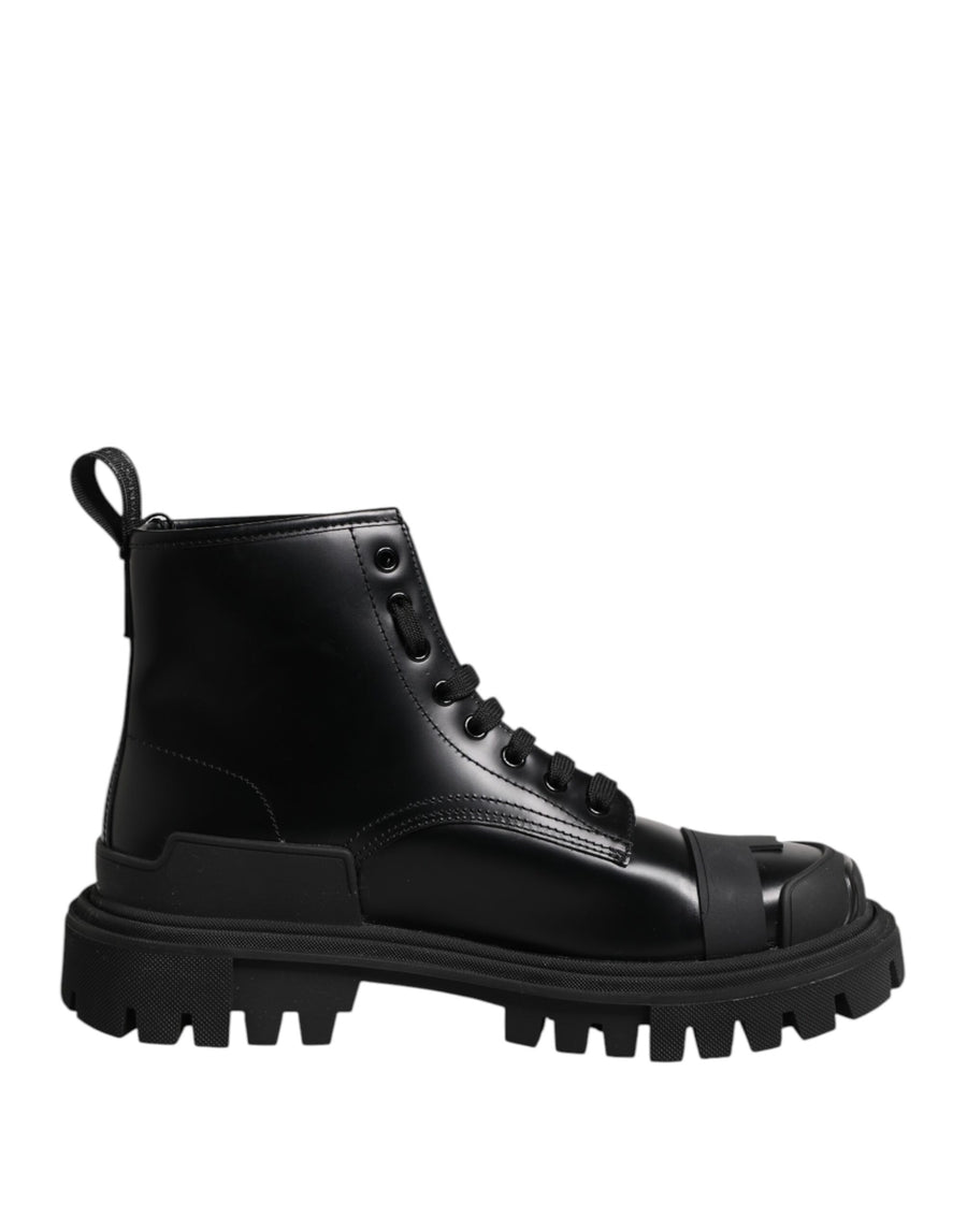 Black Leather Lace Up Mid Calf Boots Shoes