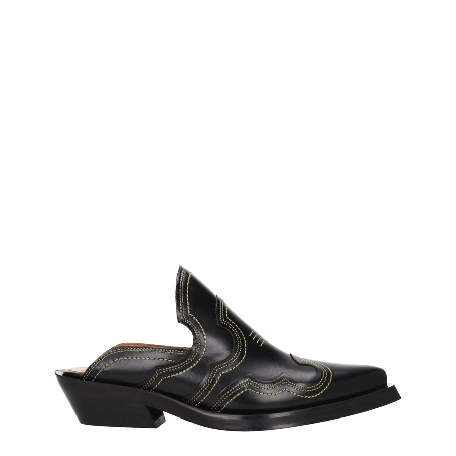 Black Leather Slippers Sandals