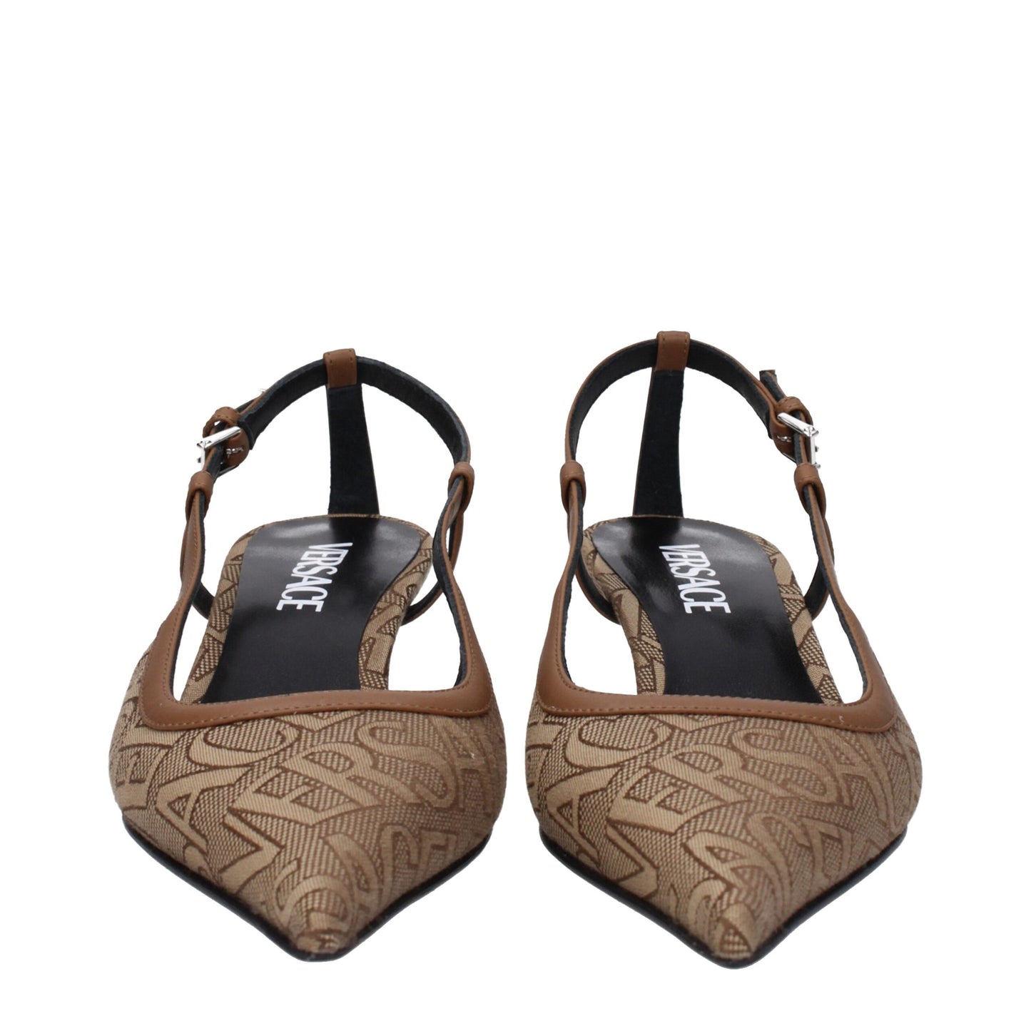 Beige Fabric Mid Heel Pumps