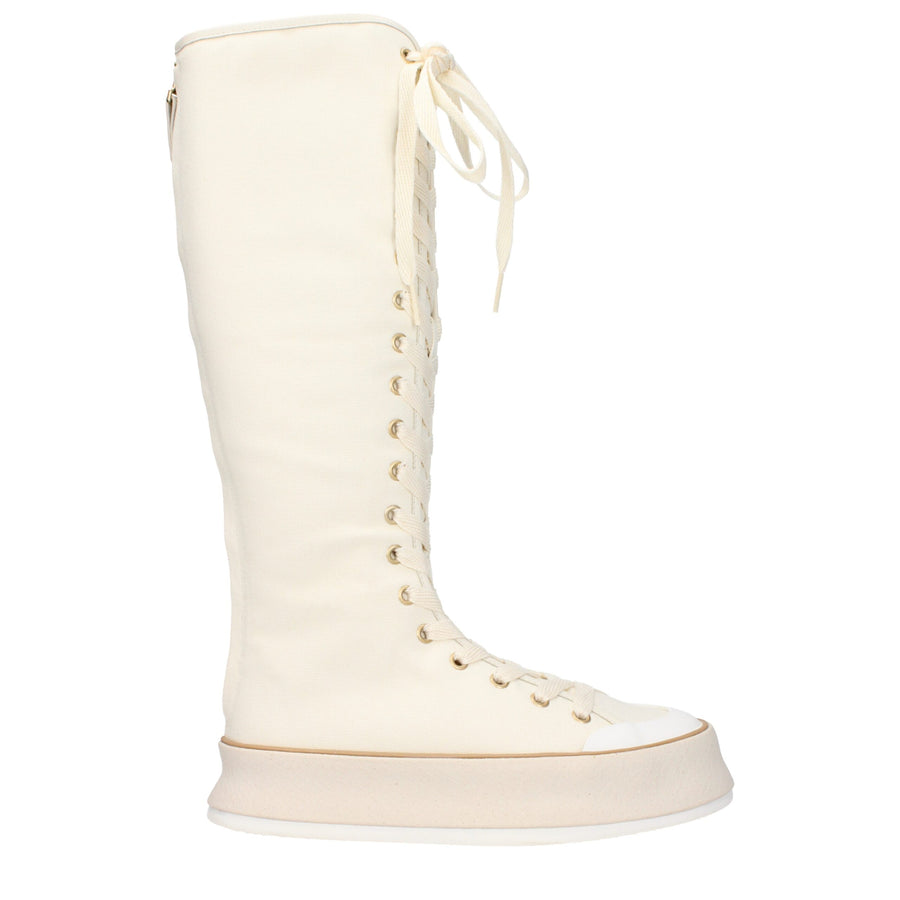 Beige Fabric Lace-Up Boots