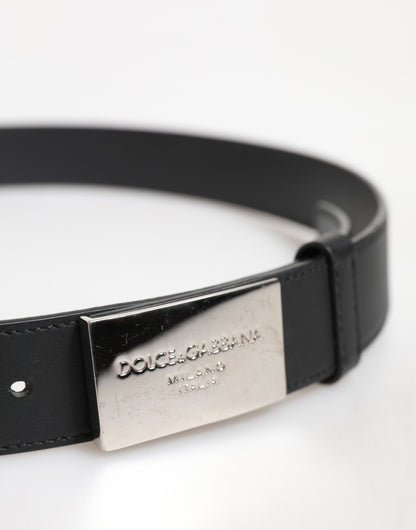 Black Leather Classic Metal Logo Buckle Belt