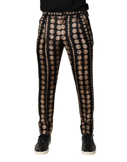 Black Coin Print Silk Skinny Men Trouser Pants