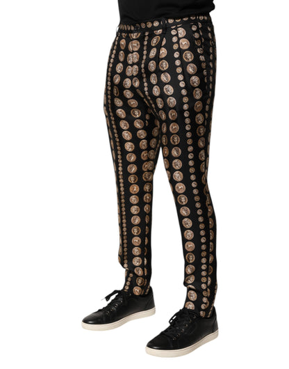 Black Coin Print Silk Skinny Men Trouser Pants
