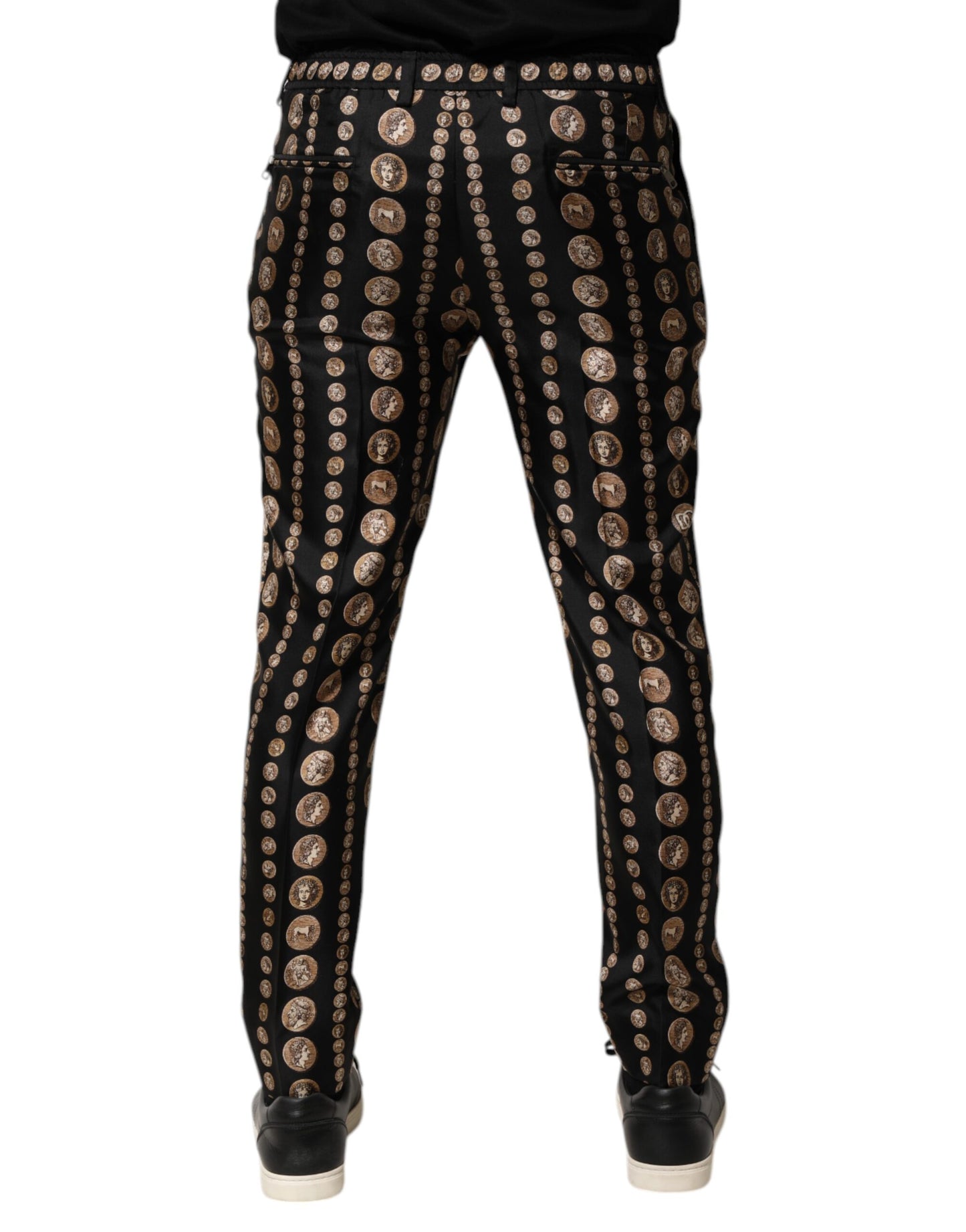Black Coin Print Silk Skinny Men Trouser Pants