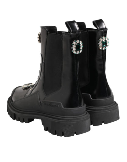 Black Crystal Embellished Combat Boots Shoes
