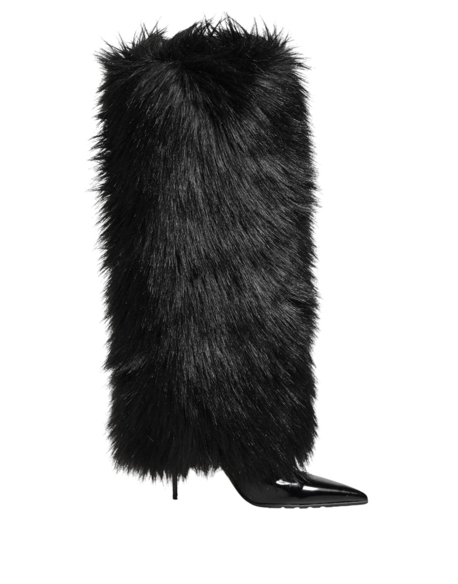 Black Faux Fur Pointed Knee High Stiletto Boots Shoes