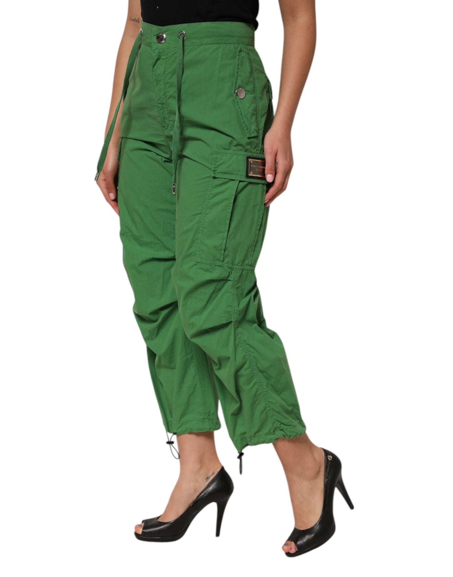 Green Cotton High Waist Cargo Trouser Pants