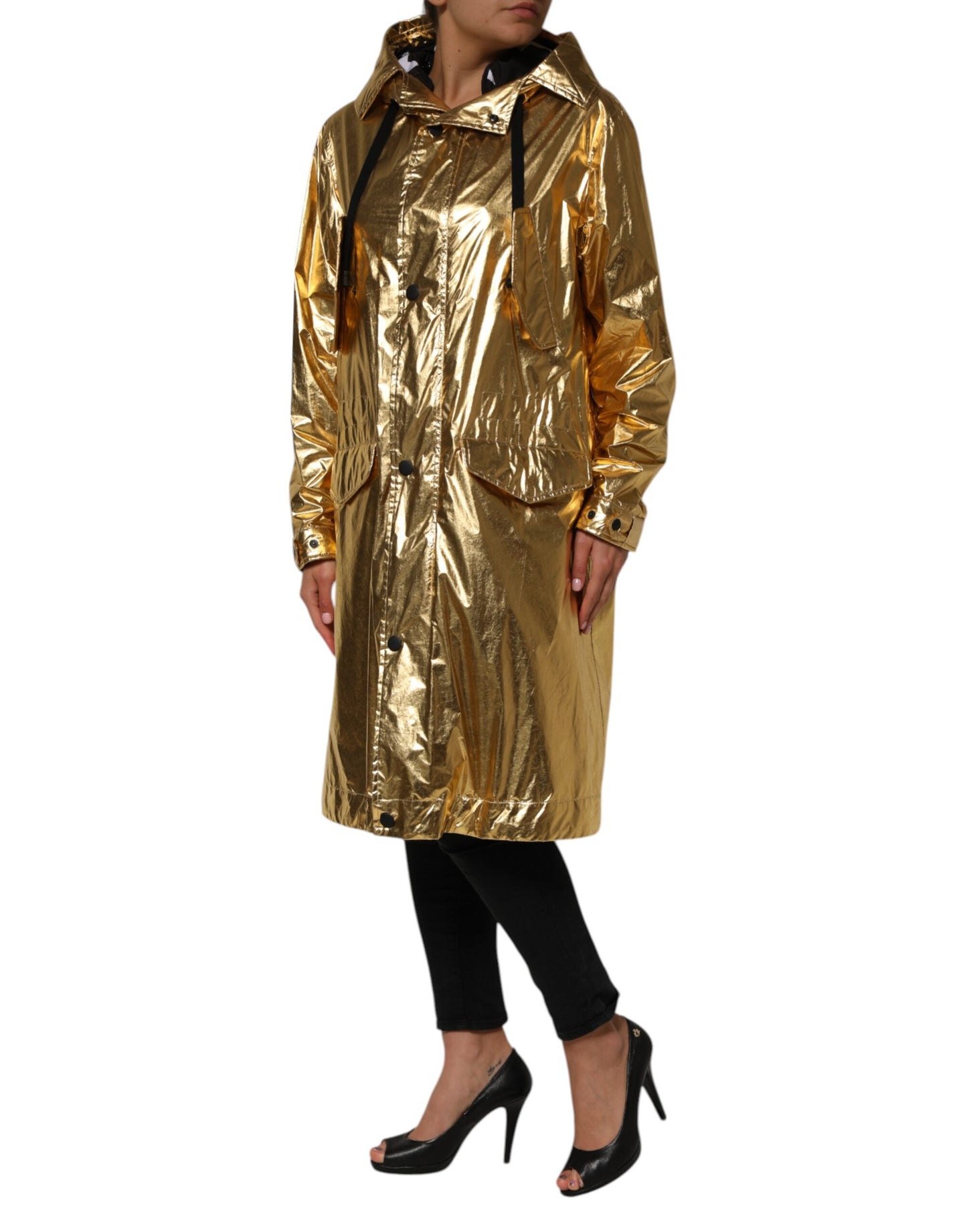 Gold Hooded Long Sleeves Trench Coat Jacket