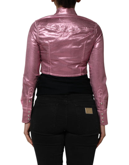 Pink Cotton Stretch Collared Cropped Jacket