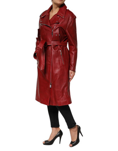 Red Leather Belted Full Zip Trench Coat Jacket