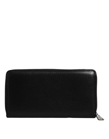 Black Calfskin Leather Logo Zip Around Continental Wallet