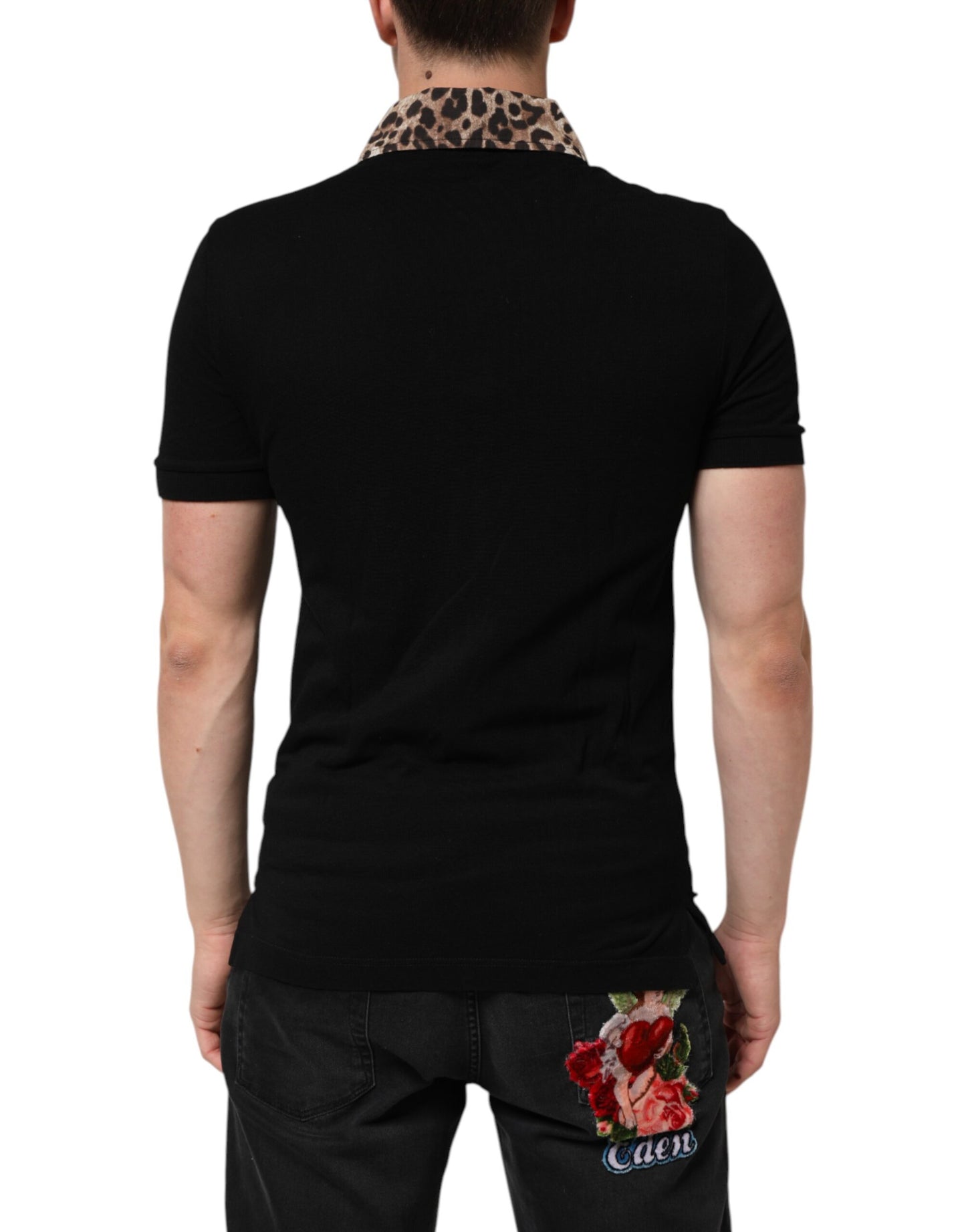 Black Cotton Leopard Collar Polo T-shirt