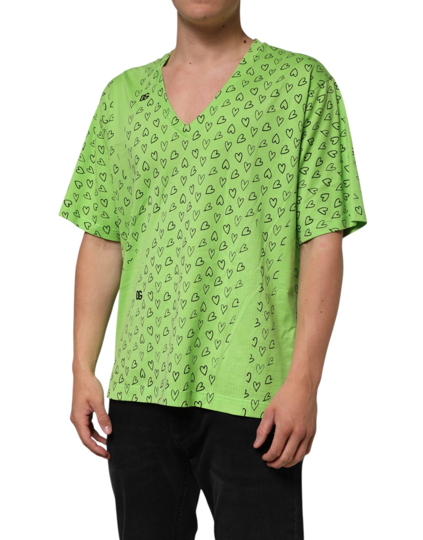 Green V-Neck DG Logo Heart Print T-shirt