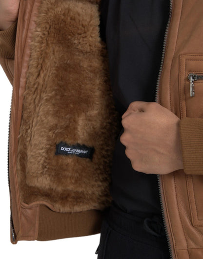 Brown Leather Fur Button Biker Coat Jacket