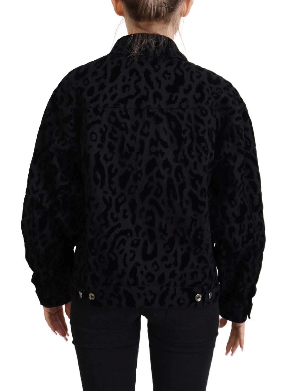 Cotton Black Leopard Long Sleeve Denim Jacket