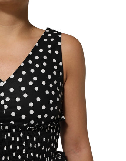 Black White Cotton Polka Dot Print V Neck Dress