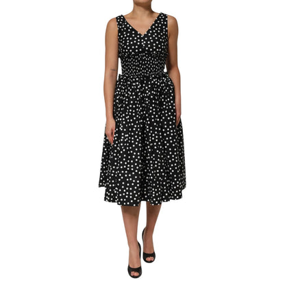 Black White Cotton Polka Dot Print V Neck Dress