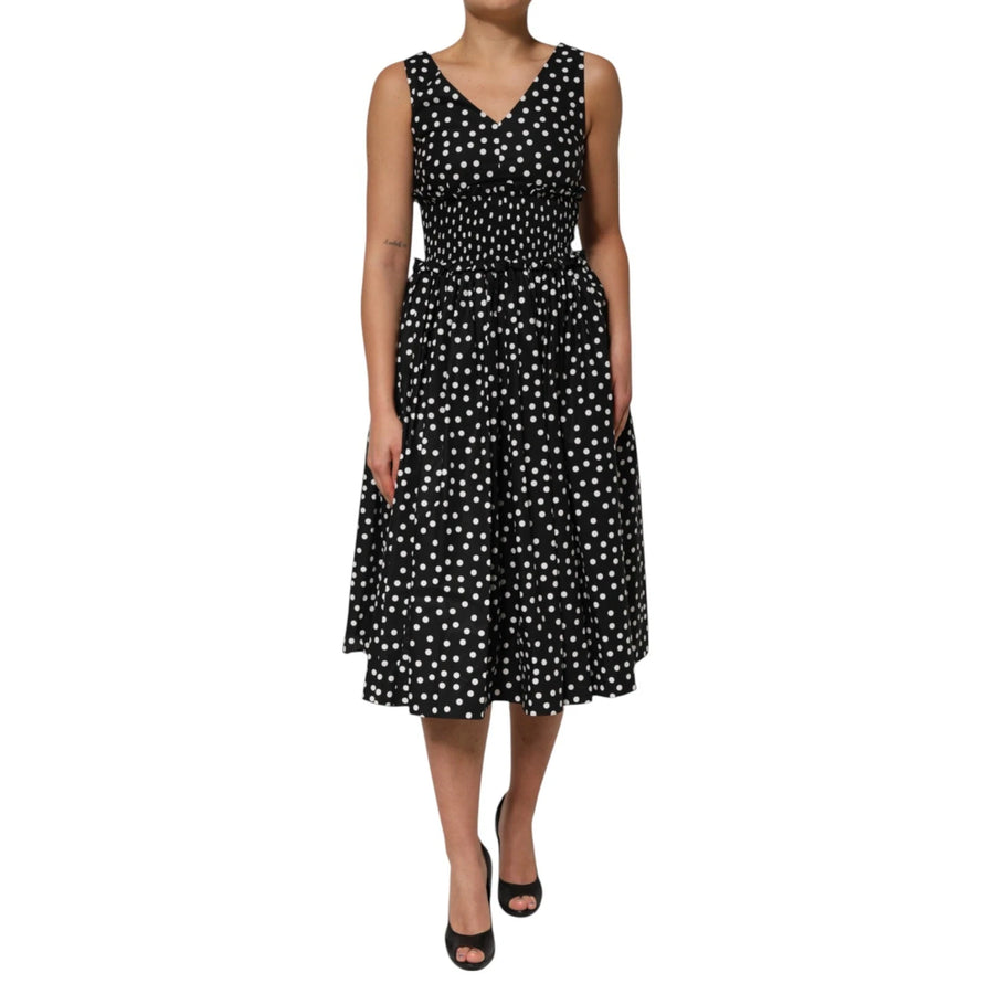 Black White Cotton Polka Dot Print V Neck Dress