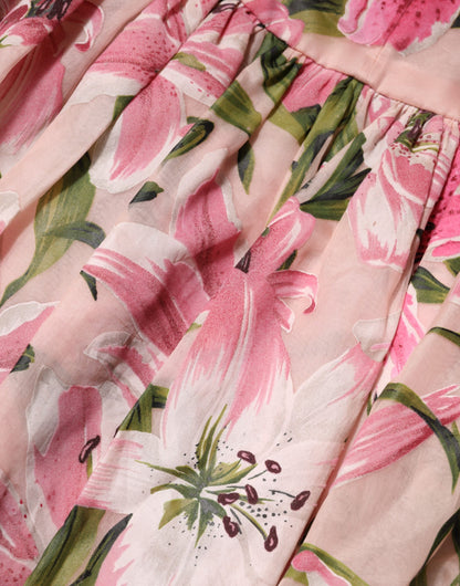 Pink Floral Lily Print Midi Sleeveless Dress