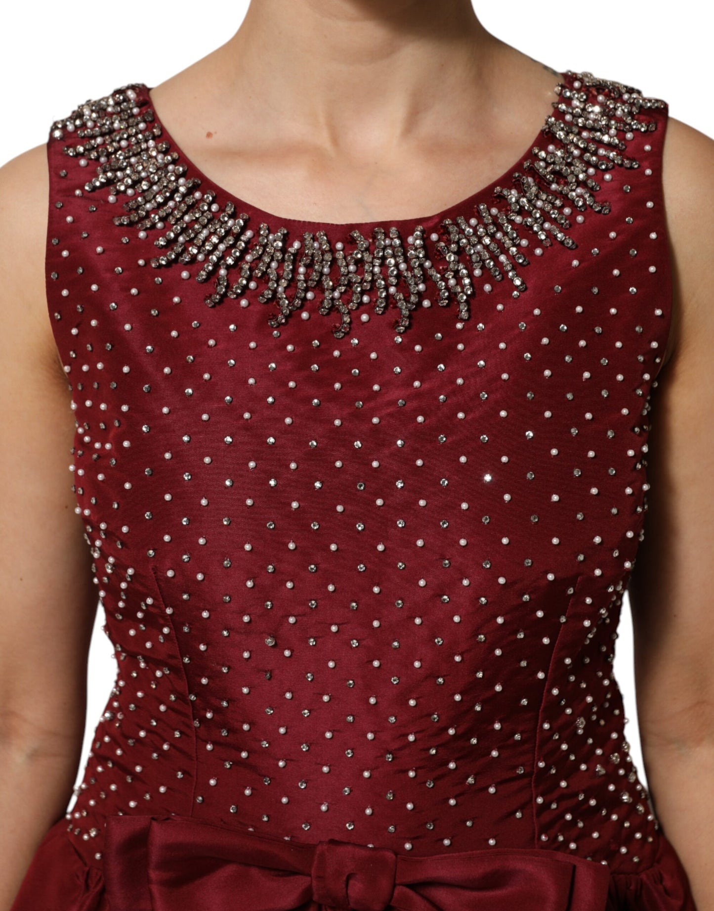 Burgundy Silk Beaded Evening Gown Dress