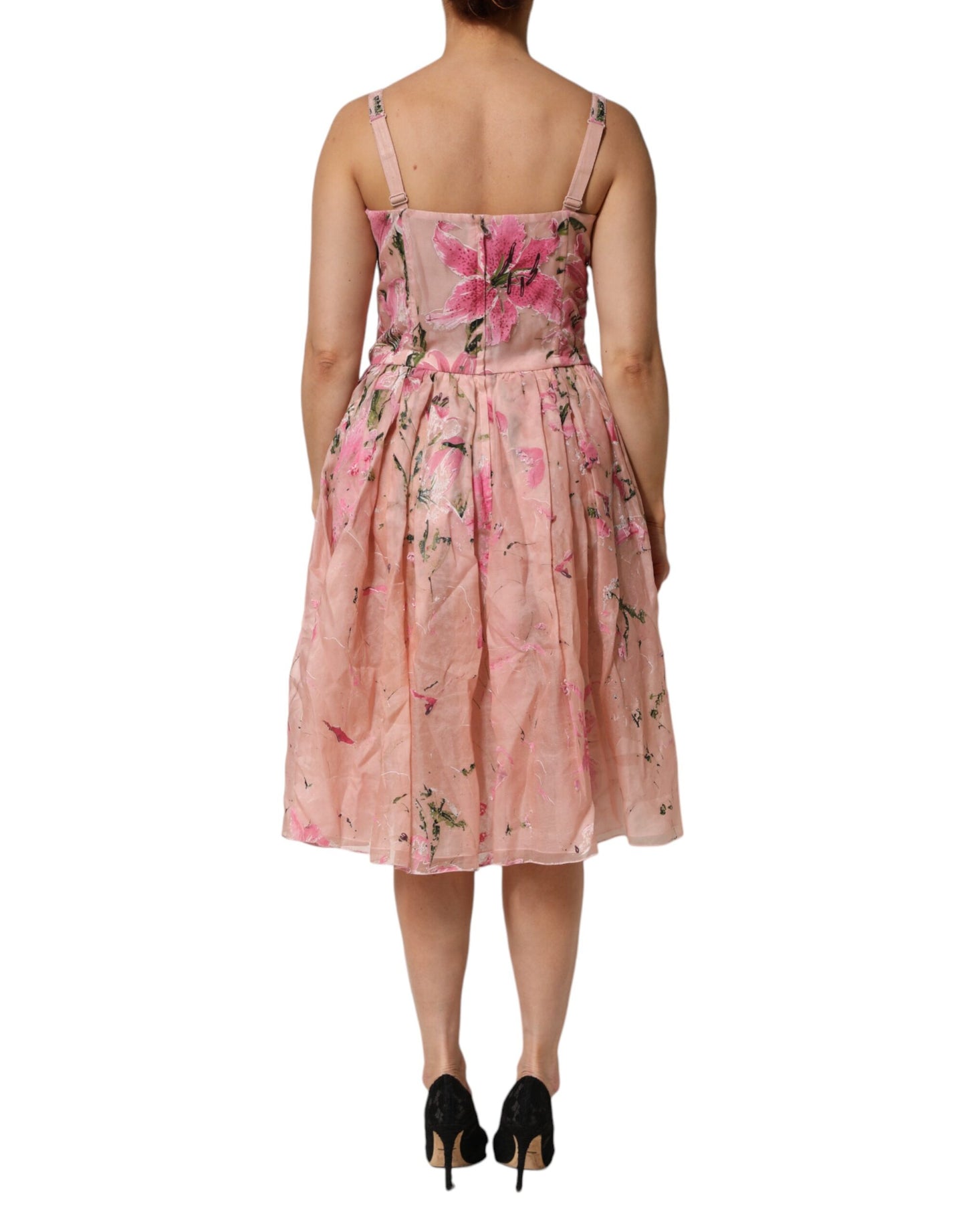Pink Cotton Floral Pleated Sleeveless Dress