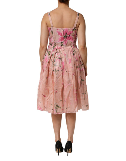 Pink Cotton Floral Pleated Sleeveless Dress