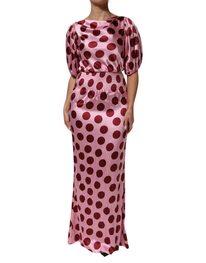 Pink Red Polka Dot Silk Satin Maxi Gown Dress