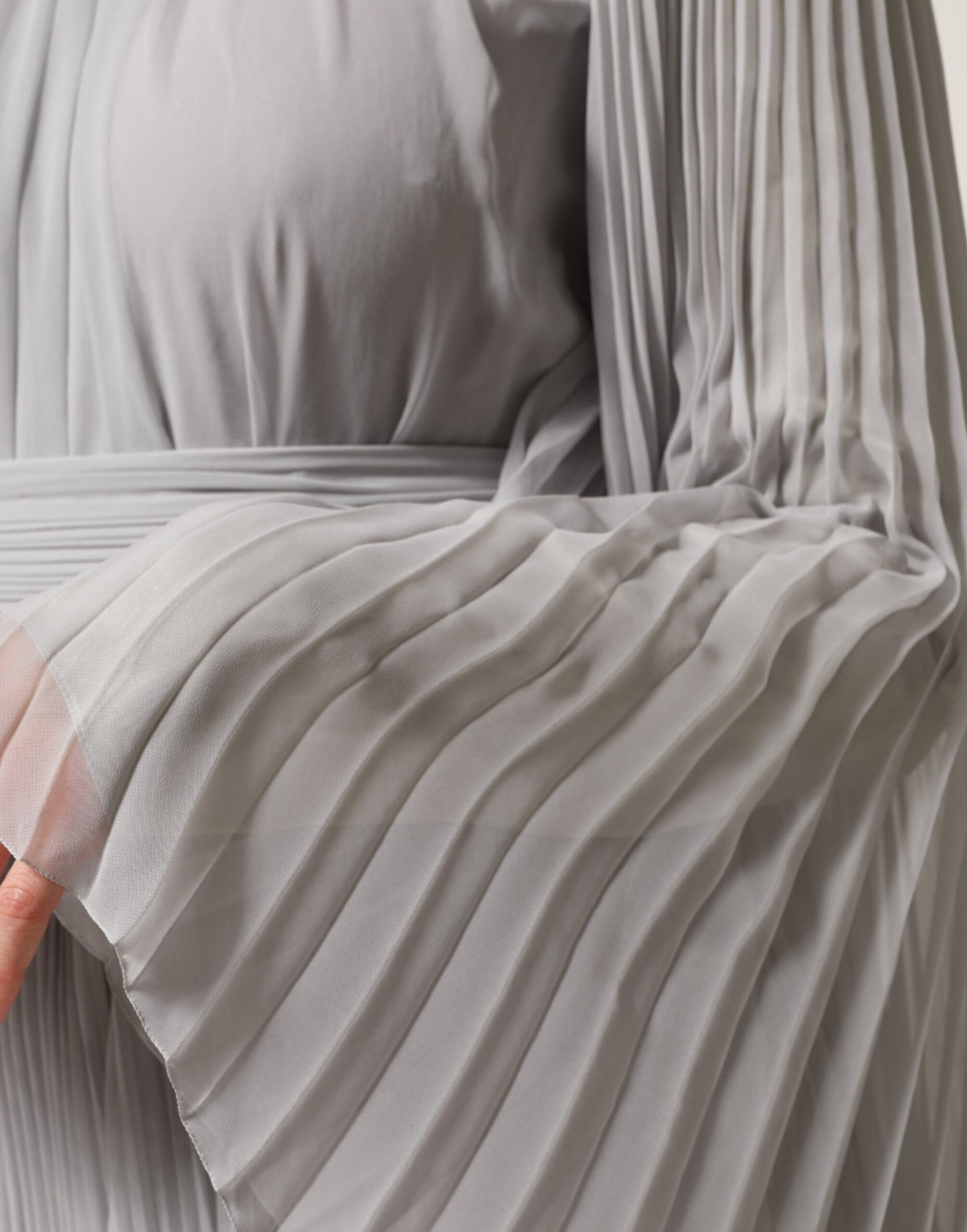 Grey Pleated Maxi Long Sleeve Silk Blend Gown Dress