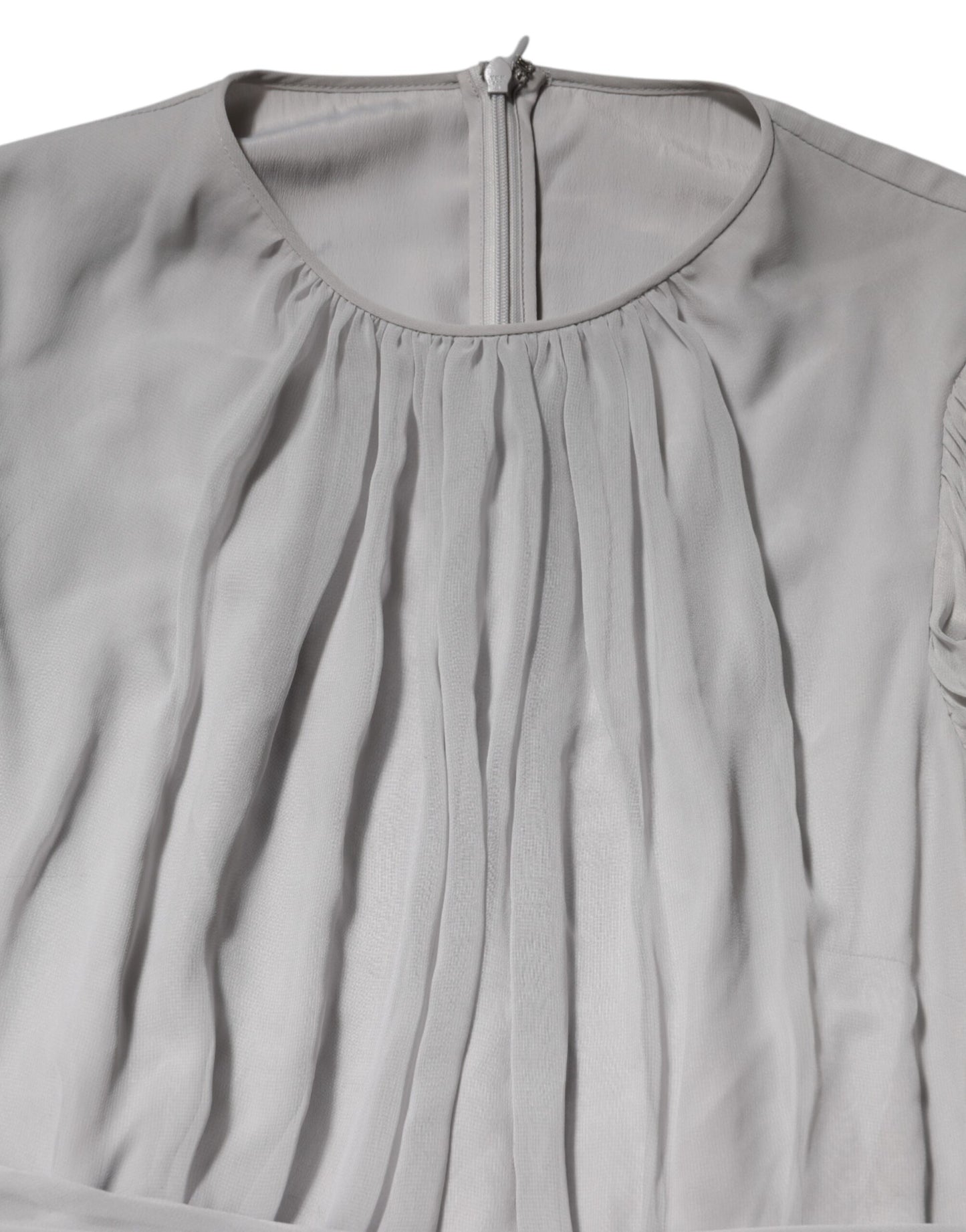 Grey Pleated Maxi Long Sleeve Silk Blend Gown Dress