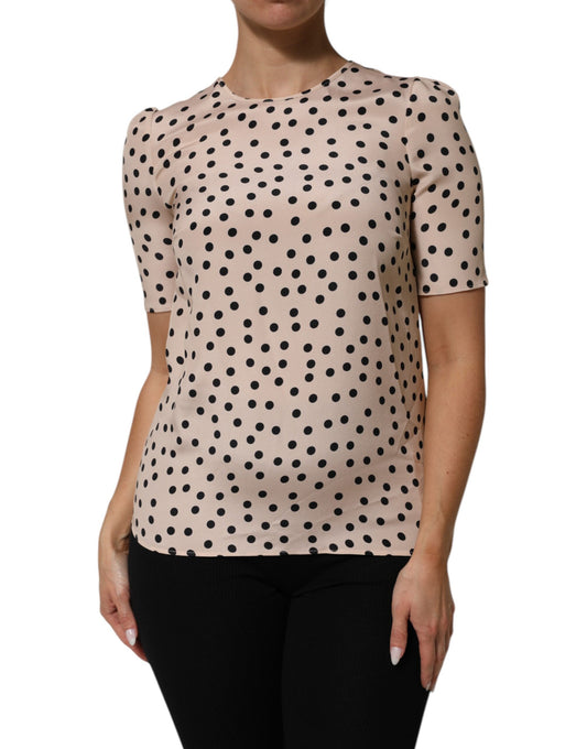 Beige Black Polka Dot Silk Short Sleeve Blouse Top