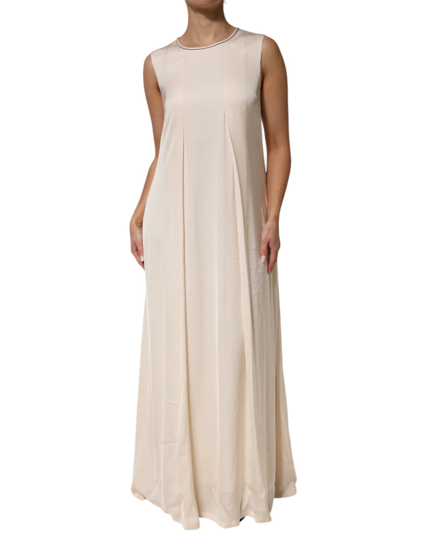 Beige Viscose Pleated Sleeveless Long Maxi Dress