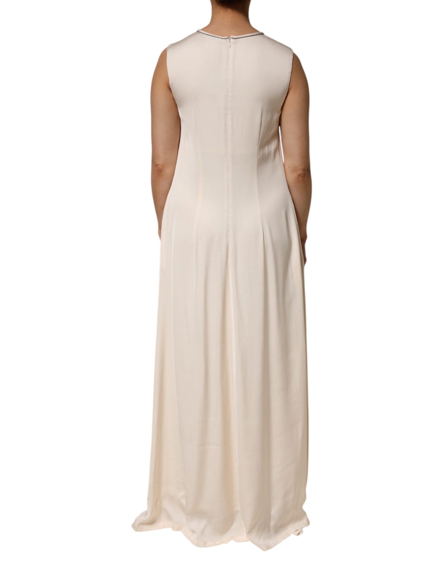 Beige Viscose Pleated Sleeveless Long Maxi Dress